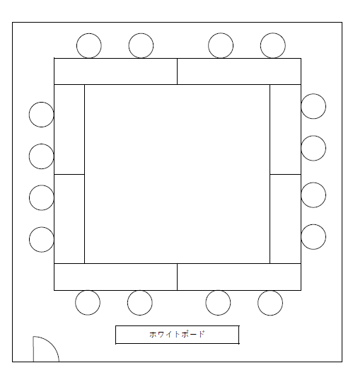 ロの字型に長机が計8台並んでいる。椅子は計16脚